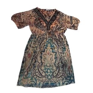 Y2K Tunic Dress Boho Paisley Whimsigoth Cato Women M Teal Tan Embellished V Neck